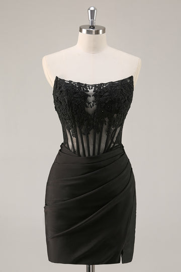 Corset Strapless Black Appliqued Homecoming Dress